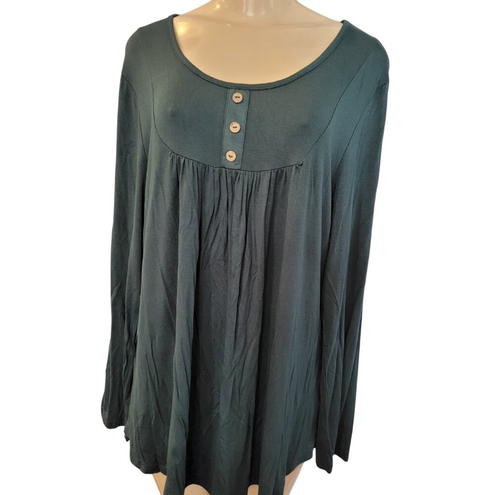 Green Mock Henley Long Sleeve Round Neckline Baby Doll Blouse